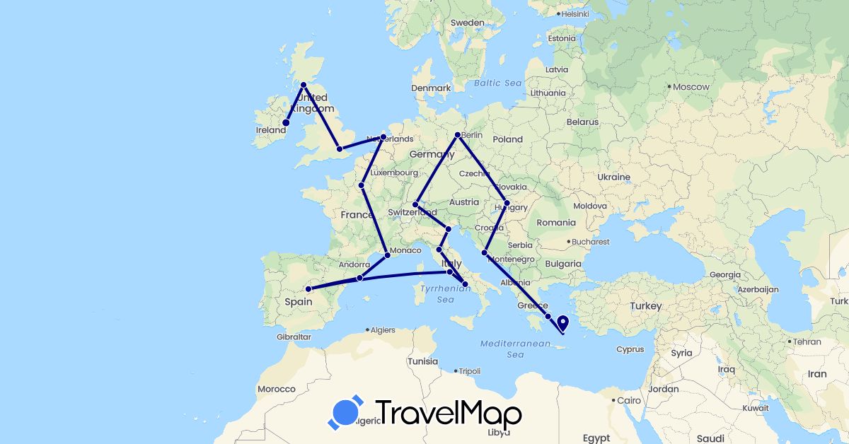 TravelMap itinerary: driving in Switzerland, Germany, Spain, France, United Kingdom, Greece, Croatia, Hungary, Ireland, Italy, Netherlands (Europe)